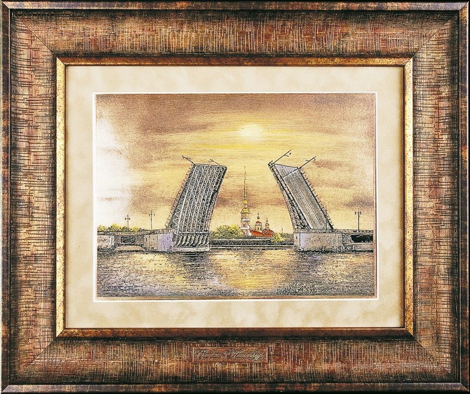 Гравюра на металле «Дворцовый мост и Петропавловская крепость»